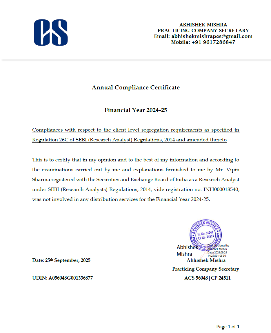 Annual Compliance Certificate for financial year 2024-25 issued for Vipin Sharma, SEBI registration INH000018540.